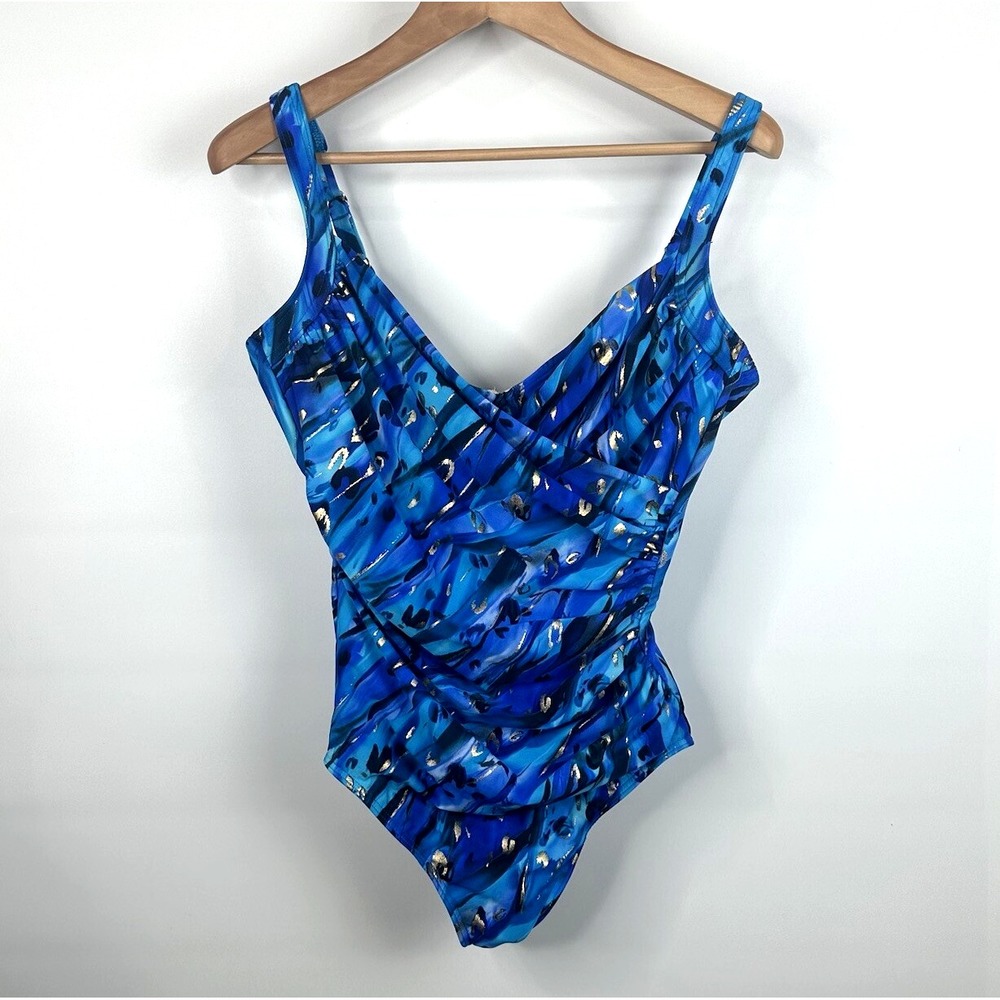 Miraclesuit Animal Magnetism Temptress Wrap One Piece Swimsuit Blue Gold Size 6?